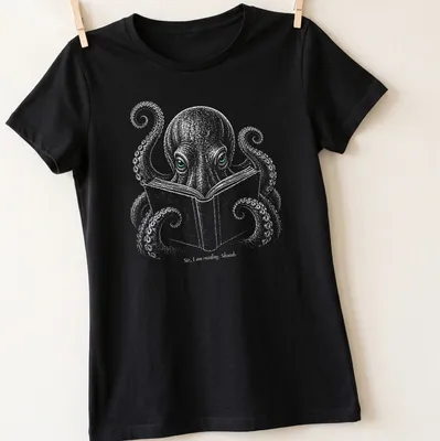 Illustration of an octopus reading a book with humorous text. — printed on a women's shirt