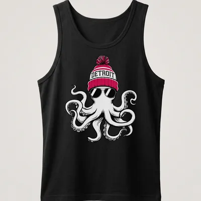 Bold cartoon octopus in a Detroit beanie on a — printed on a tank top