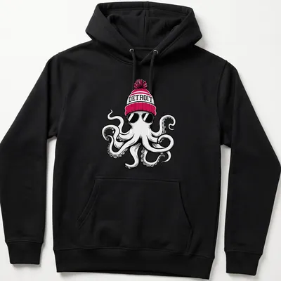 Bold cartoon octopus in a Detroit beanie on a — printed on a unisex hoodie