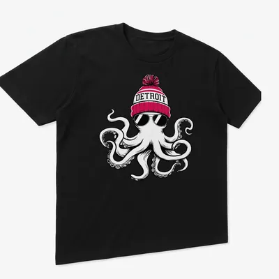 Bold cartoon octopus in a Detroit beanie on a — printed on a unisex t-shirt (angled view)