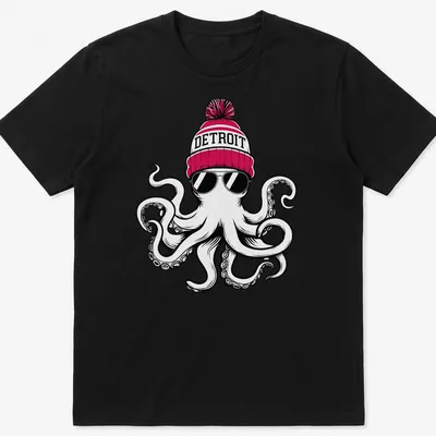 Bold cartoon octopus in a Detroit beanie on a T-shirt