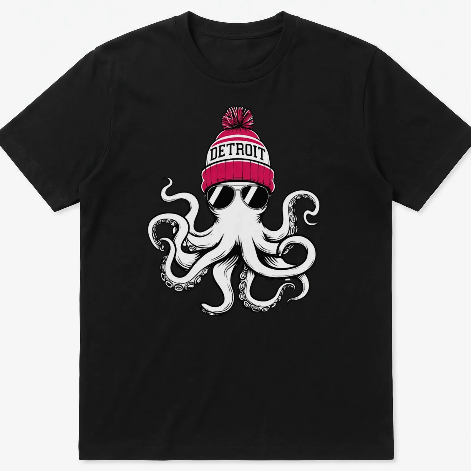 Bold cartoon octopus in a Detroit beanie on a — printed on a unisex t-shirt