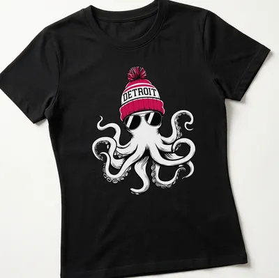 Bold cartoon octopus in a Detroit beanie on a — printed on a women's shirt