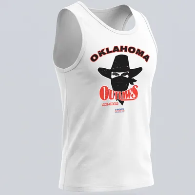 Retro distressed print featuring a cowboy with a hat and bandana above Oklahoma Outlaws text — printed on a tank top