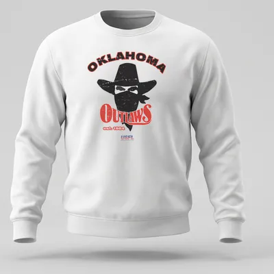 Retro distressed print featuring a cowboy with a hat and bandana above Oklahoma Outlaws text — printed on a unisex sweatshirt