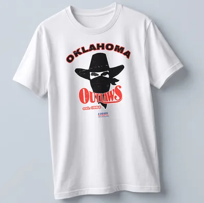 Retro distressed print featuring a cowboy with a hat and bandana above Oklahoma Outlaws text