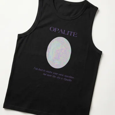 Minimalist Opalite gemstone design with uplifting text about sunshine. — printed on a tank top