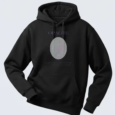 Minimalist Opalite gemstone design with uplifting text about sunshine. — printed on a unisex hoodie
