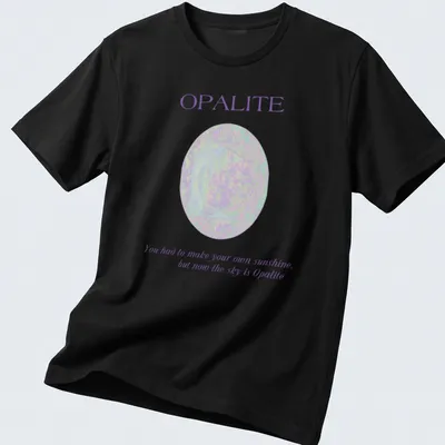 Minimalist Opalite gemstone design with uplifting text about sunshine.