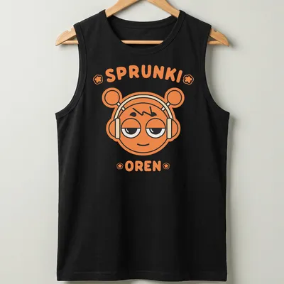 Cartoon of an orange character with headphones and the text 'SPRUNKI OREN' — printed on a tank top