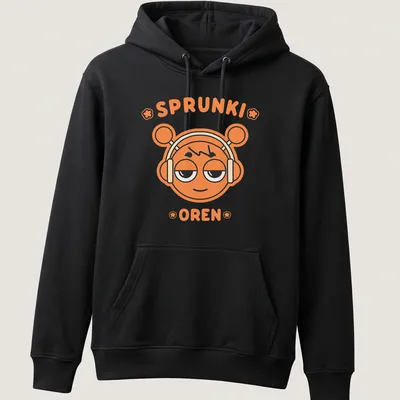 Cartoon of an orange character with headphones and the text 'SPRUNKI OREN' — printed on a unisex hoodie