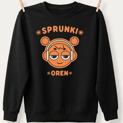 Cartoon of an orange character with headphones and the text 'SPRUNKI OREN' — printed on a unisex sweatshirt