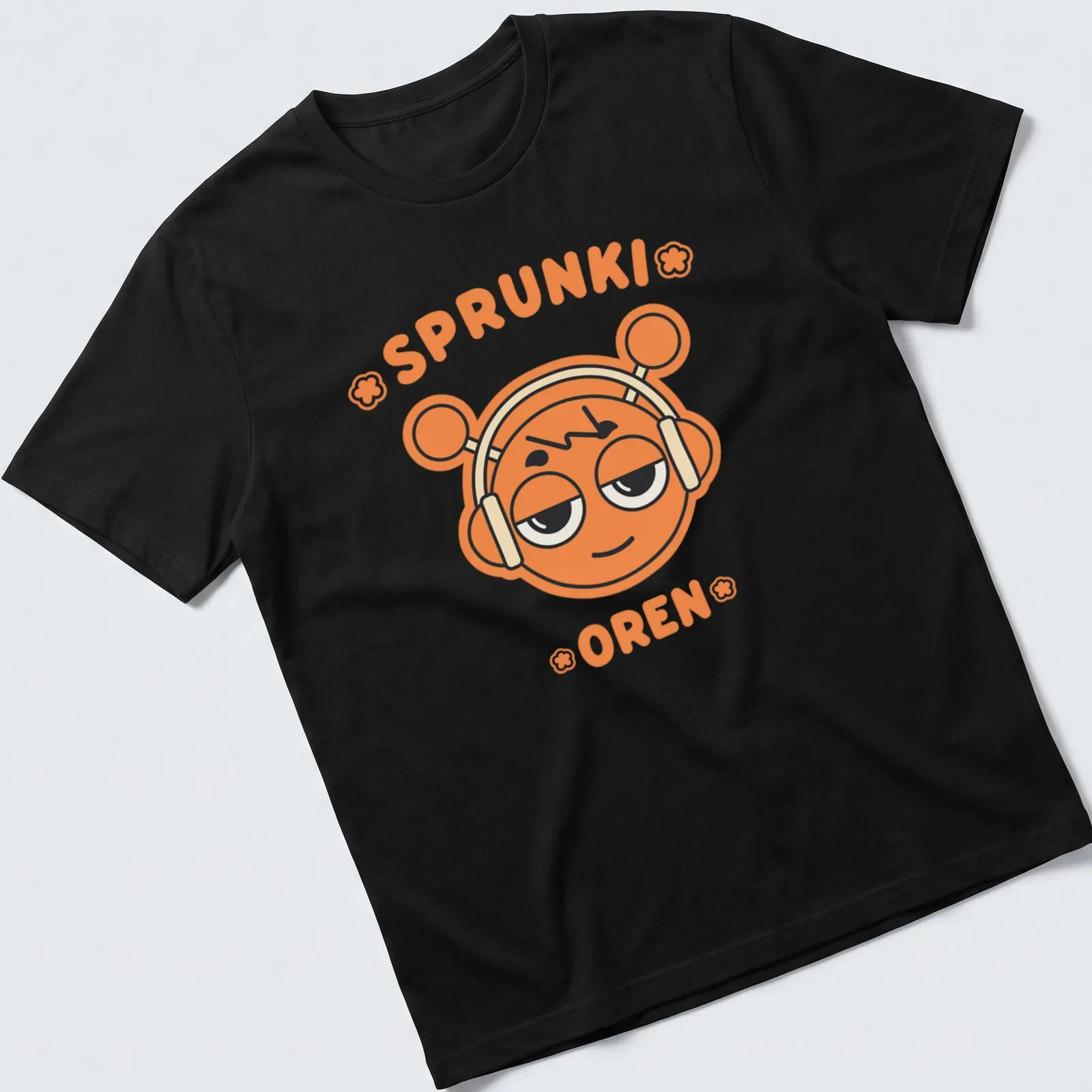 Cartoon of an orange character with headphones and the text 'SPRUNKI OREN' — printed on a unisex t-shirt