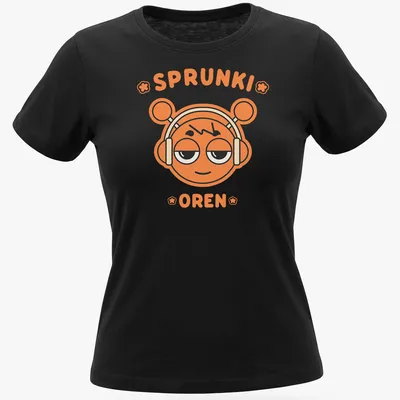 Cartoon of an orange character with headphones and the text 'SPRUNKI OREN' — printed on a women's shirt