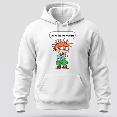 Cartoon boy with orange hair and purple glasses, text reads 'CHICKS DIG THE GLASSES' — printed on a unisex hoodie