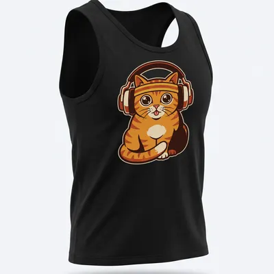 Retro print of an orange tabby cat with headphones and the text 'Lock In Session' — printed on a tank top