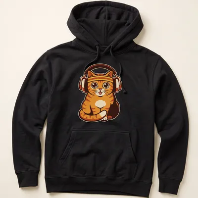 Retro print of an orange tabby cat with headphones and the text 'Lock In Session' — printed on a unisex hoodie