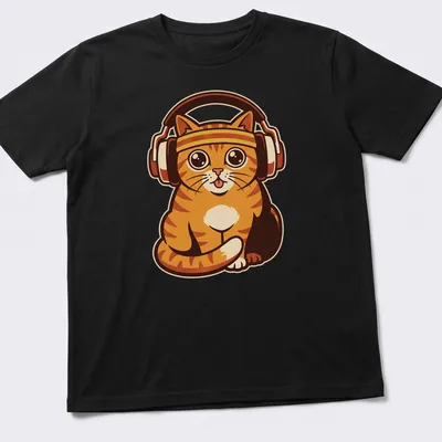 Retro print of an orange tabby cat with headphones and the text 'Lock In Session'