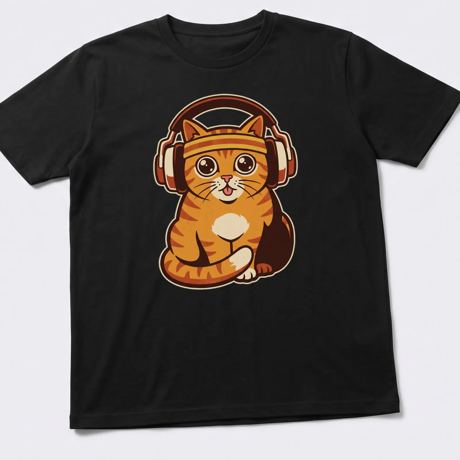 Retro print of an orange tabby cat with headphones and the text 'Lock In Session' — printed on a unisex t-shirt