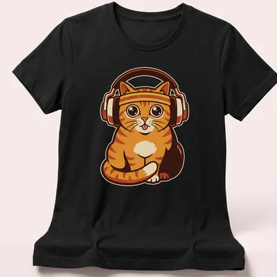 Retro print of an orange tabby cat with headphones and the text 'Lock In Session' — printed on a women's shirt