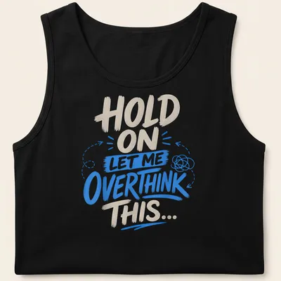 Bold text design featuring the phrase 'Hold On Let Me Overthink This' in blue and cream. — printed on a tank top