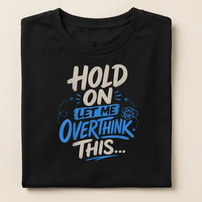 Bold text design featuring the phrase 'Hold On Let Me Overthink This' in blue and cream. — printed on a women's shirt