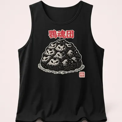 Block print featuring owl spirits with Japanese text in black, white, and red. — printed on a tank top