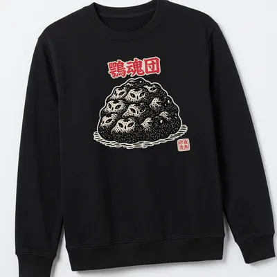 Block print featuring owl spirits with Japanese text in black, white, and red. — printed on a unisex sweatshirt