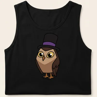 Cartoon owl wearing a top hat with text Owlbert In A Top Hat — printed on a tank top