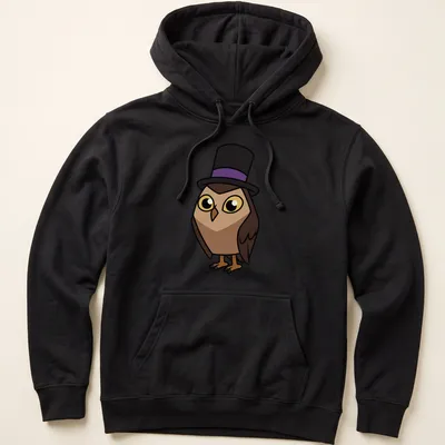 Cartoon owl wearing a top hat with text Owlbert In A Top Hat — printed on a unisex hoodie