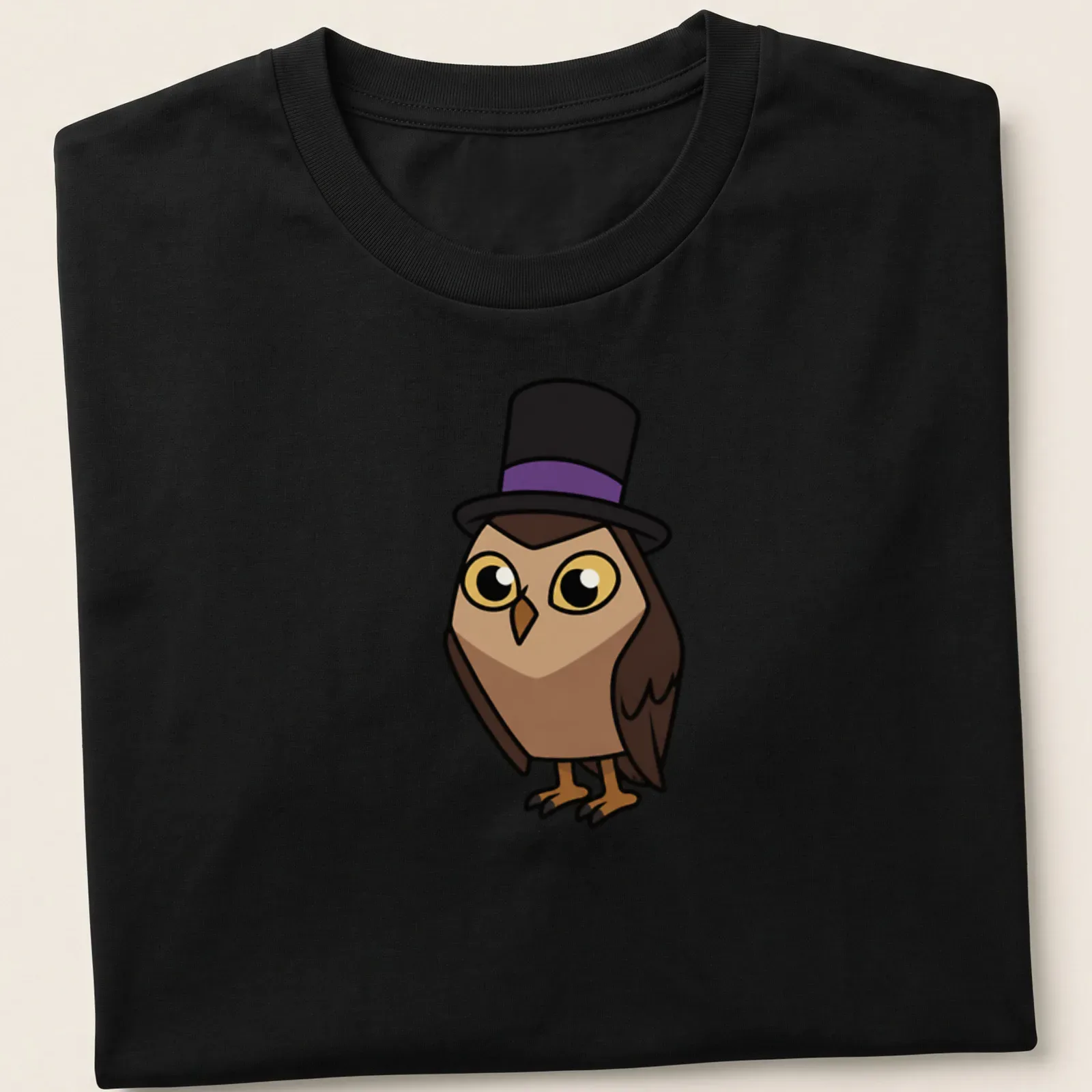 Cartoon owl wearing a top hat with text Owlbert In A Top Hat — printed on a unisex t-shirt