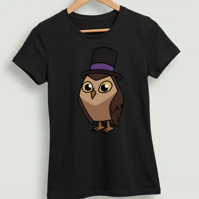 Cartoon owl wearing a top hat with text Owlbert In A Top Hat — printed on a women's shirt