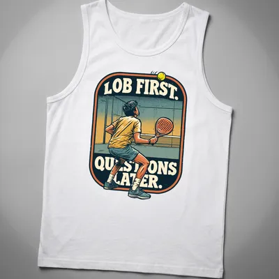 Vintage illustration of a padel player with the text 'LOB FIRST. QUESTIONS LATER.' — printed on a tank top