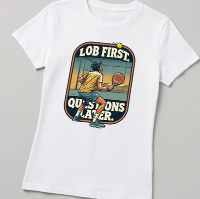 Vintage illustration of a padel player with the text 'LOB FIRST. QUESTIONS LATER.' — printed on a women's shirt