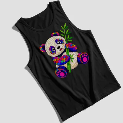 Colorful dot art of a panda holding bamboo in vibrant colors. — printed on a tank top