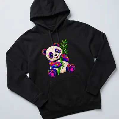 Colorful dot art of a panda holding bamboo in vibrant colors. — printed on a unisex hoodie