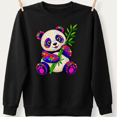 Colorful dot art of a panda holding bamboo in vibrant colors. — printed on a unisex sweatshirt