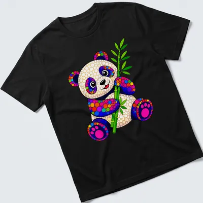 Colorful dot art of a panda holding bamboo in vibrant colors.