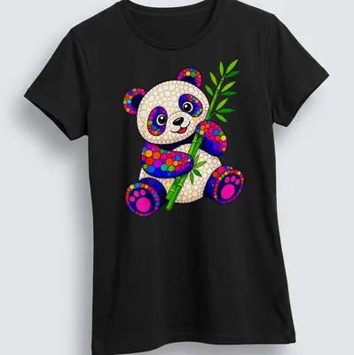 Colorful dot art of a panda holding bamboo in vibrant colors. — printed on a women's shirt