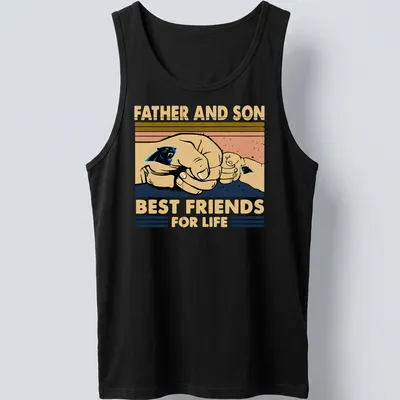 Illustration of father and son hands showcasing the Panthers logo with text about friendship — printed on a tank top