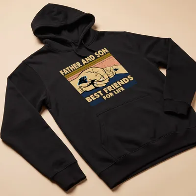 Illustration of father and son hands showcasing the Panthers logo with text about friendship — printed on a unisex hoodie