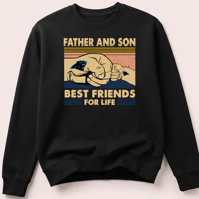 Illustration of father and son hands showcasing the Panthers logo with text about friendship — printed on a unisex sweatshirt