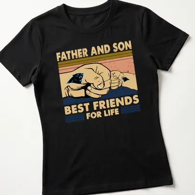 Illustration of father and son hands showcasing the Panthers logo with text about friendship — printed on a women's shirt
