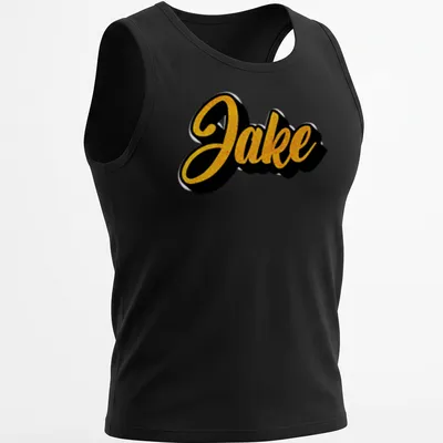 Bold cursive print of the name Jake in gold on a black — printed on a tank top