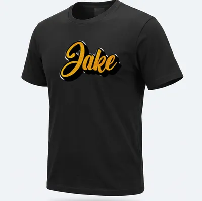 Bold cursive print of the name Jake in gold on a black T-shirt