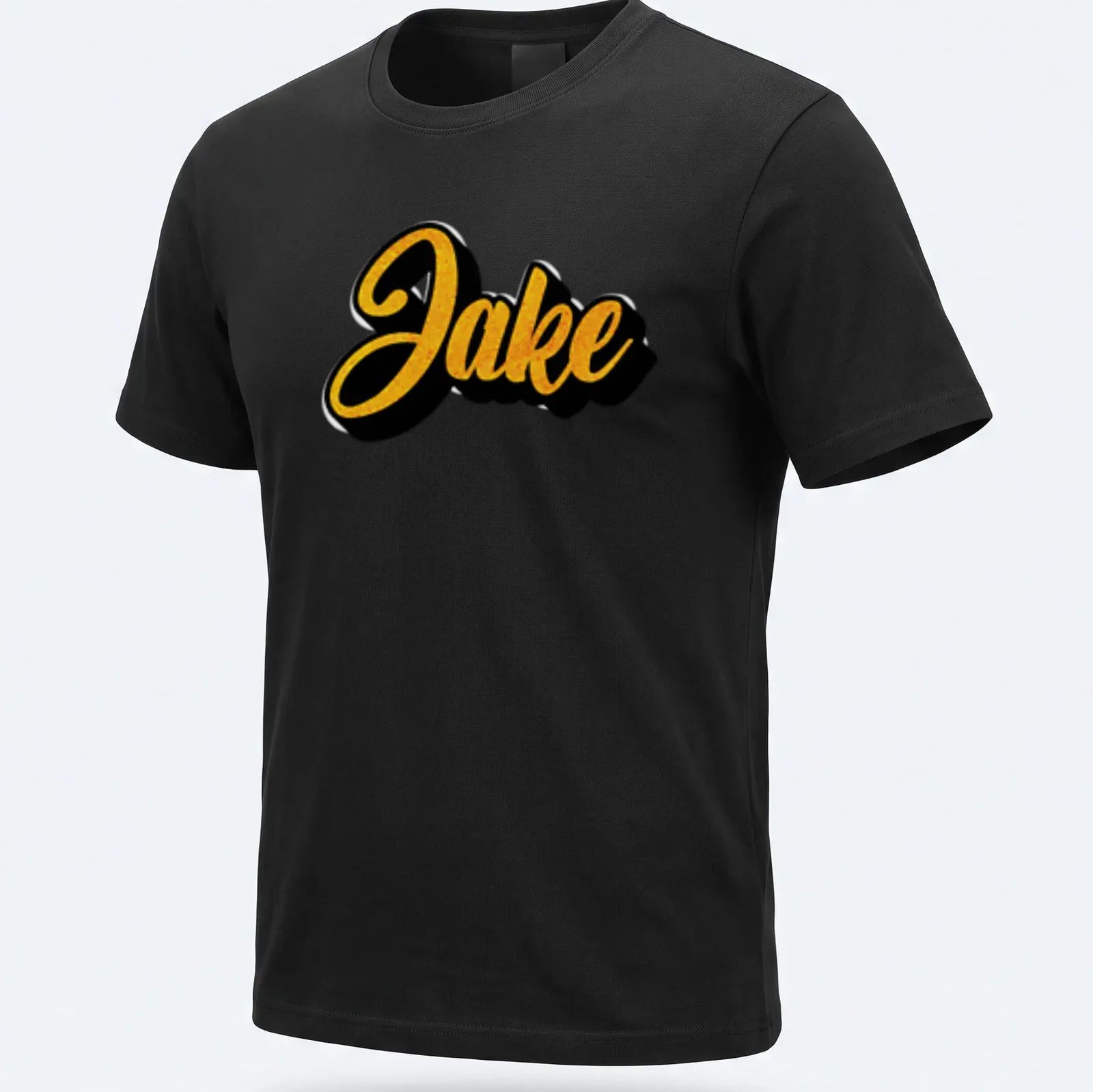 Bold cursive print of the name Jake in gold on a black — printed on a unisex t-shirt