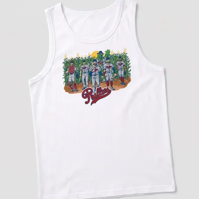 Vintage illustration of Philadelphia Phillies players in a cornfield with the word Phillies — printed on a tank top