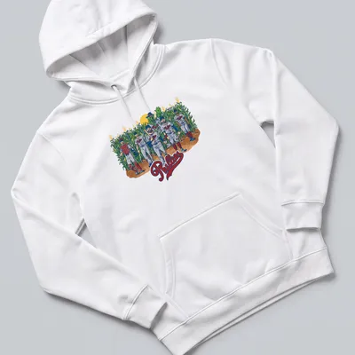 Vintage illustration of Philadelphia Phillies players in a cornfield with the word Phillies — printed on a unisex hoodie
