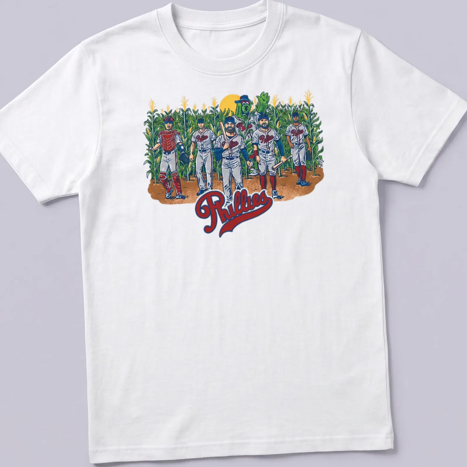 Vintage illustration of Philadelphia Phillies players in a cornfield with the word Phillies — printed on a unisex t-shirt
