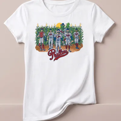 Vintage illustration of Philadelphia Phillies players in a cornfield with the word Phillies — printed on a women's shirt